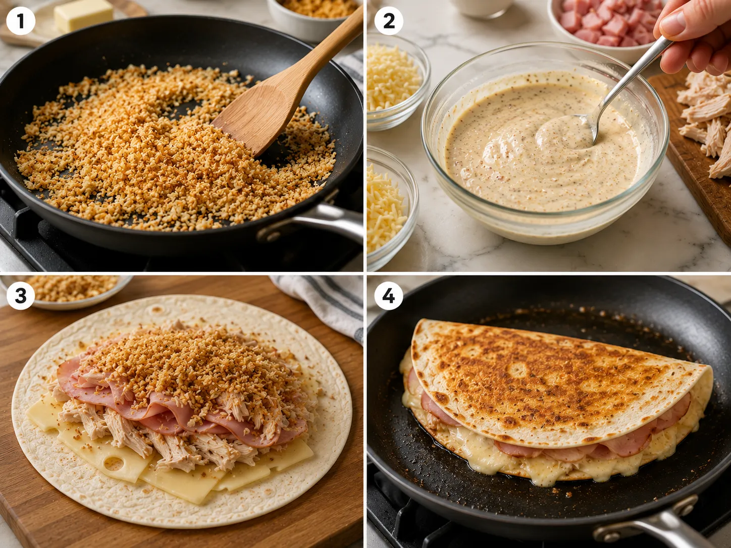 Four cooking steps for Chicken Cordon Bleu Quesadillas in a skillet