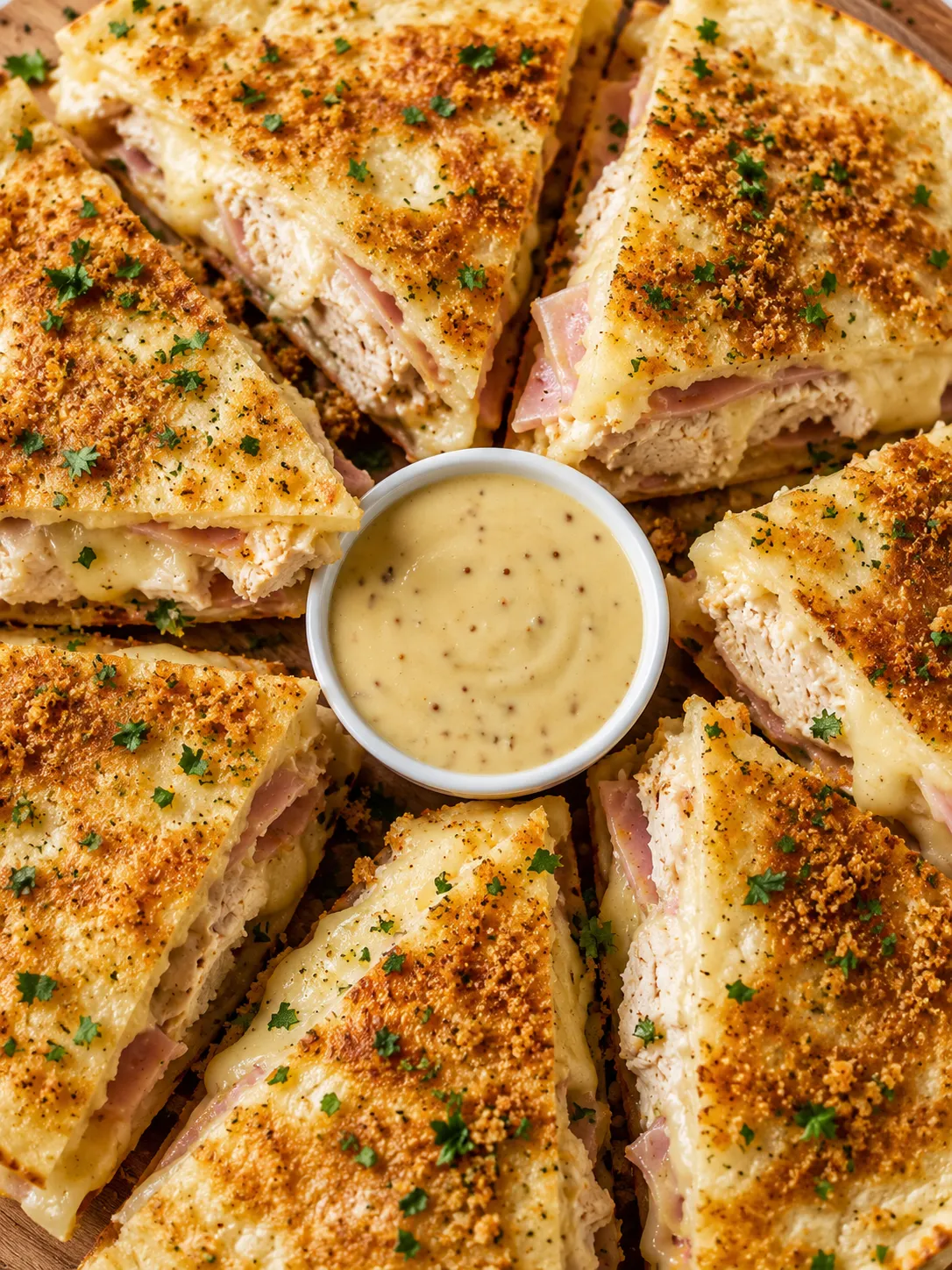 Chicken Cordon Bleu Quesadilla wedges with creamy Dijon sauce and parsley