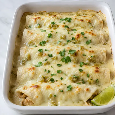 Chicken enchiladas with sour cream white sauce and melted cheese