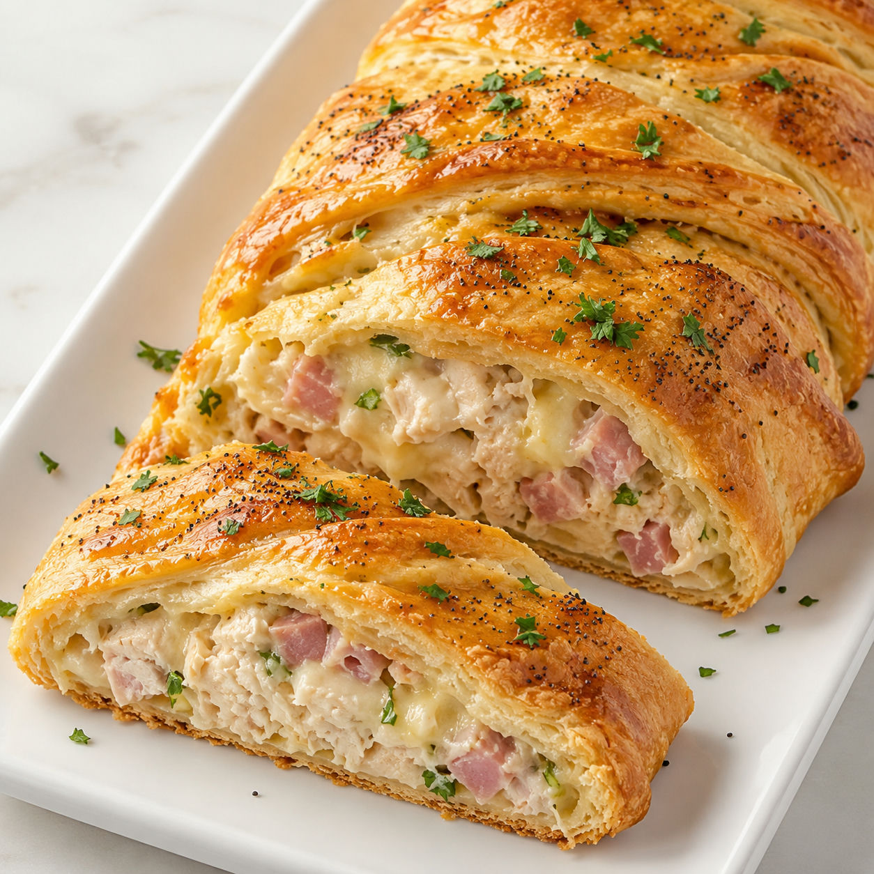 Chicken ham Swiss crescent braid sliced on a white platter