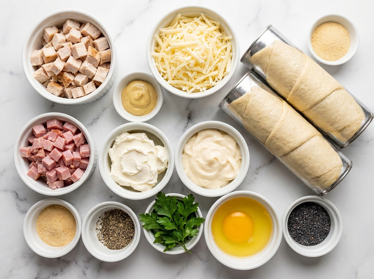 Ingredients for chicken ham Swiss crescent braid on a wood surface