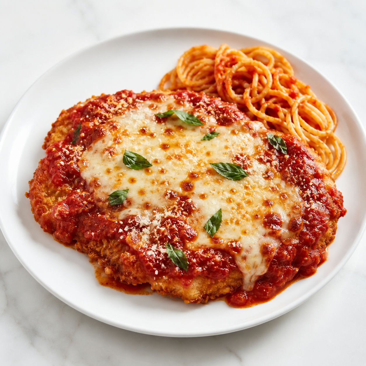 Chicken Parmesan with marinara, melted mozzarella, Parmesan, and basil