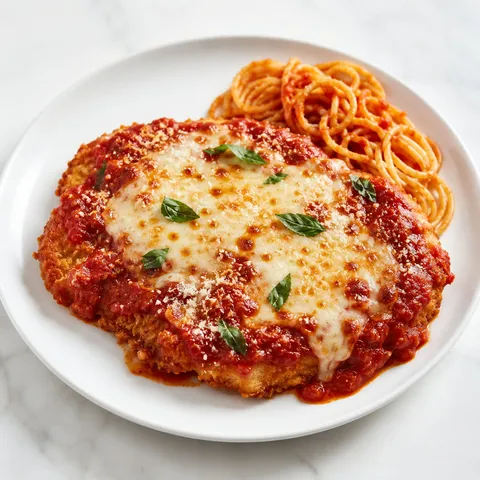 Chicken Parmesan with marinara, melted mozzarella, Parmesan, and basil