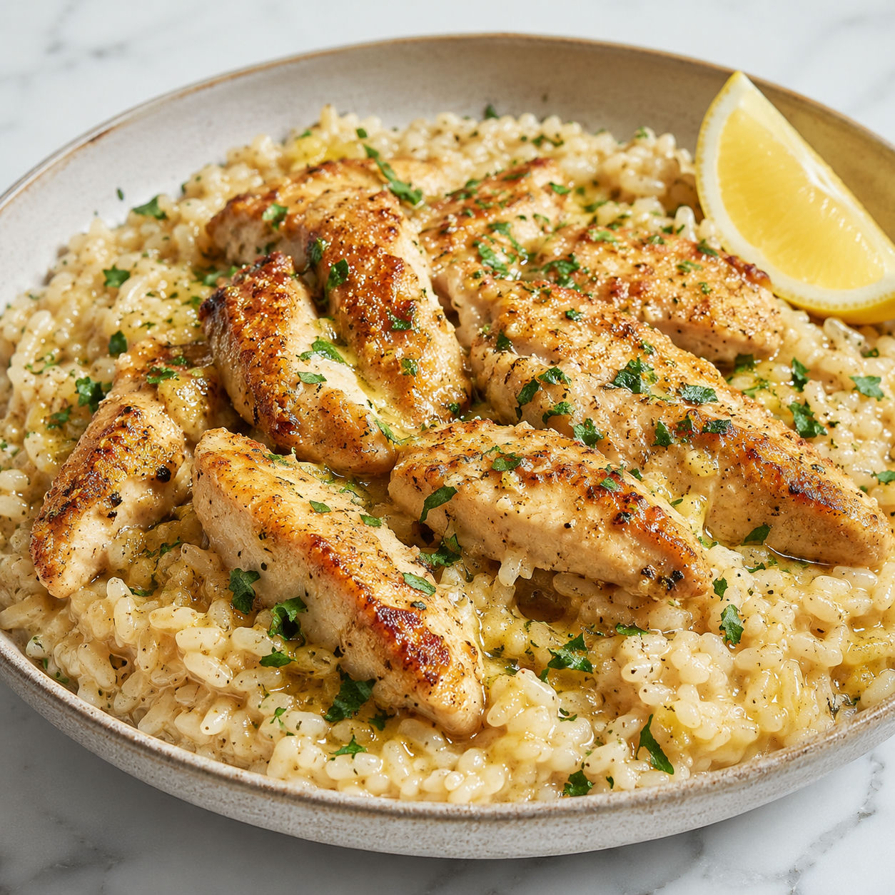 Chicken scampi strips on creamy garlic parmesan rice with parsley and lemon in a ceramic bowl