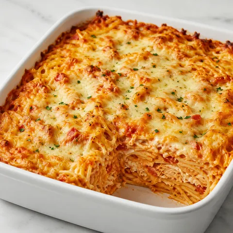Chicken spaghetti lasagna bake with melted mozzarella and parsley