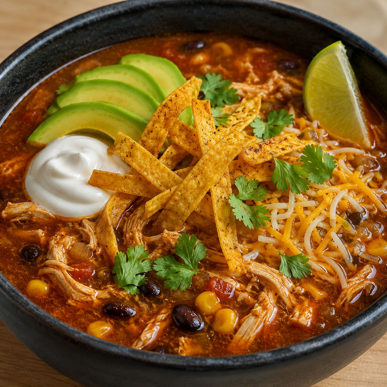 Chicken tortilla soup topped with crispy strips, avocado, sour cream, and cilantro in a dark bowl