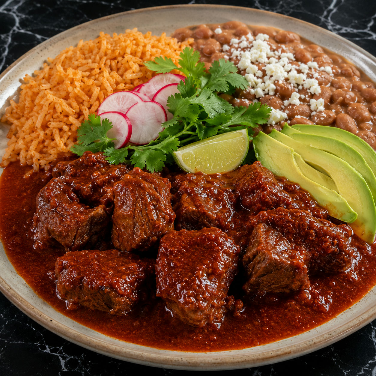 Chile Colorado beef in red chile sauce with Mexican rice, pinto beans, cilantro, and cotija on a dinner plate