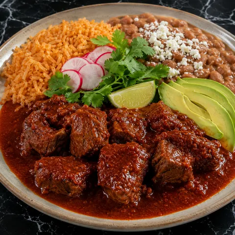 Chile Colorado beef in red chile sauce with Mexican rice, pinto beans, cilantro, and cotija on a dinner plate