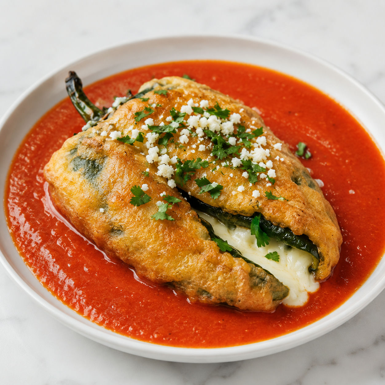 Golden chiles rellenos with tomato sauce and melted cheese