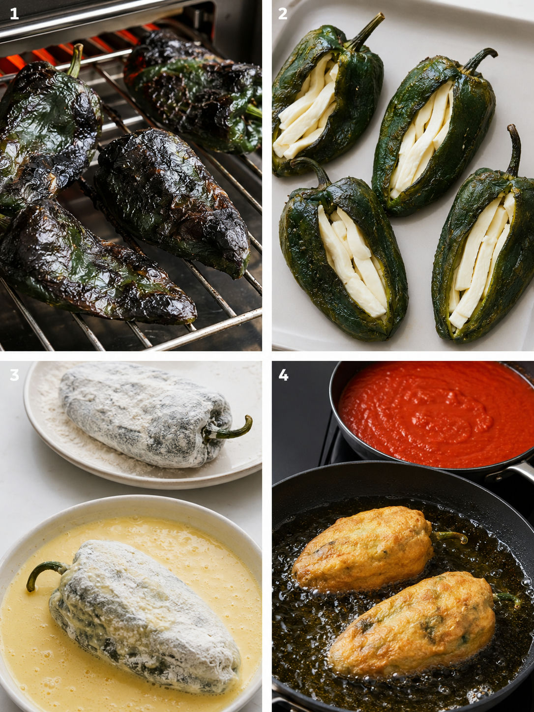 Four steps for roasting, stuffing, battering, and frying chiles rellenos