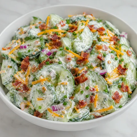 Chilled cucumber ranch salad with bacon, cheddar, dill, and chives