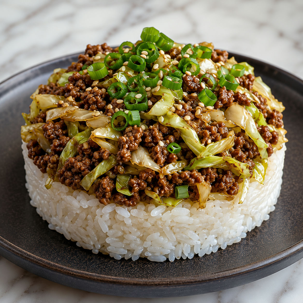 Chinese ground beef and cabbage stir fry stacked over jasmine rice with sesame seeds and green onions
