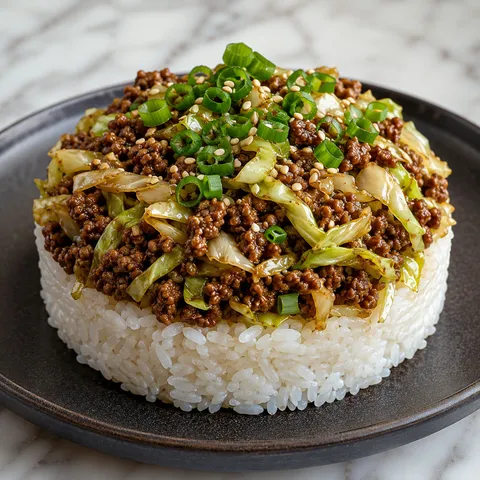 Chinese ground beef and cabbage stir fry stacked over jasmine rice with sesame seeds and green onions