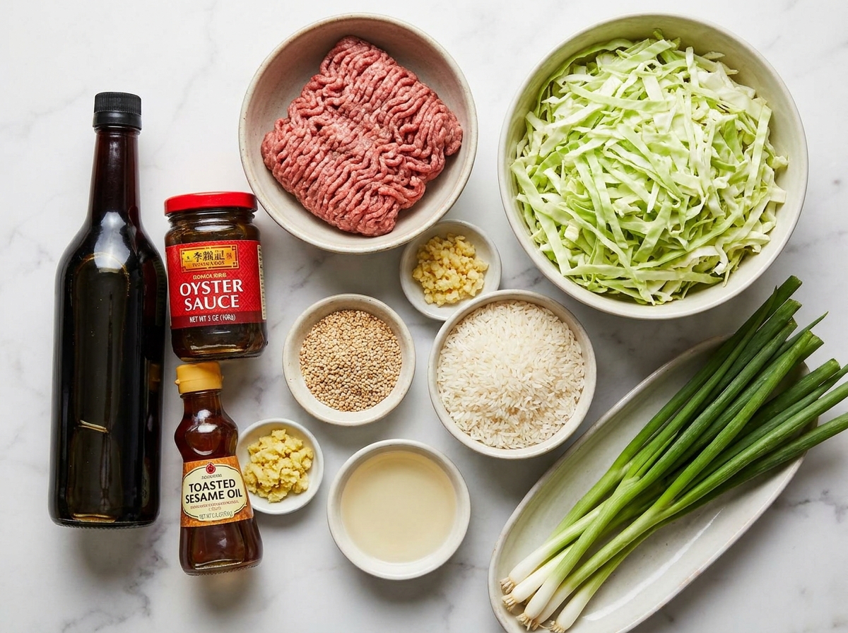 Raw ingredients for Chinese ground beef cabbage stir fry stack on a wooden surface