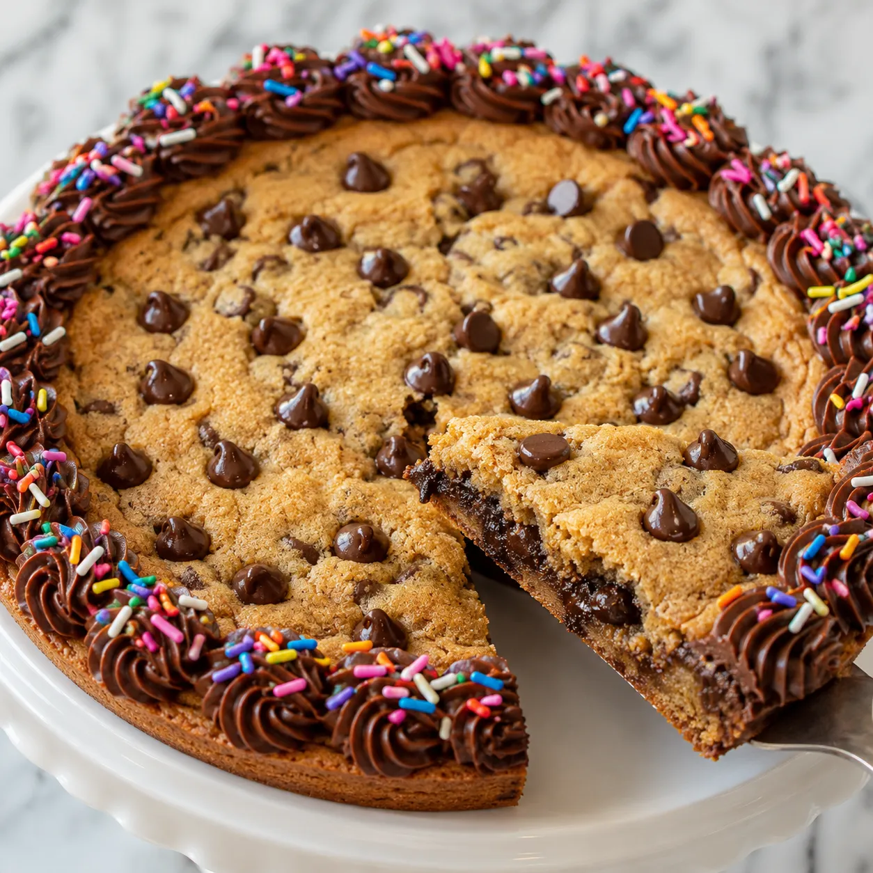 Chocolate Chip Cookie Cake with chocolate frosting and sprinkles