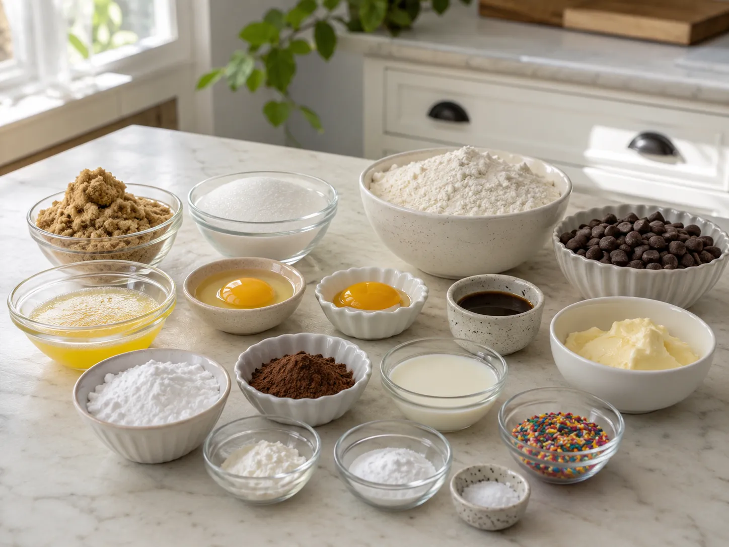 Ingredients for Chocolate Chip Cookie Cake on a marble counter