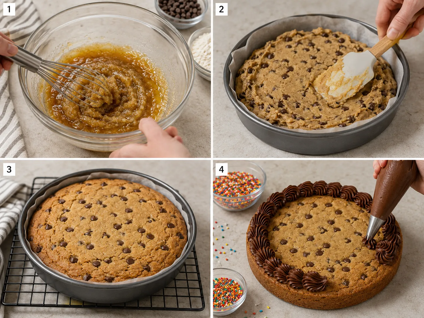 Four steps for baking and frosting Chocolate Chip Cookie Cake