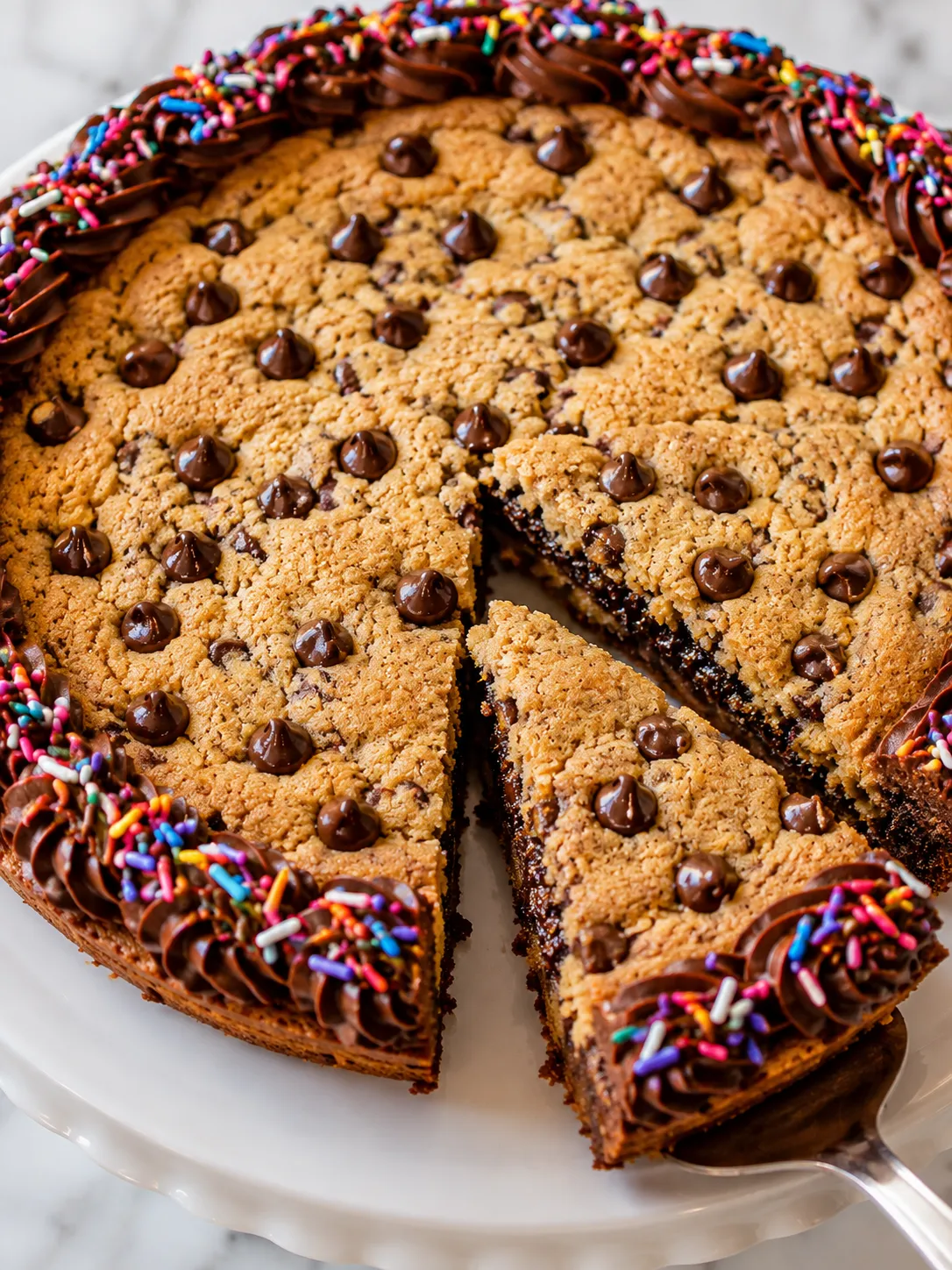 Sliced Chocolate Chip Cookie Cake with frosting and sprinkles