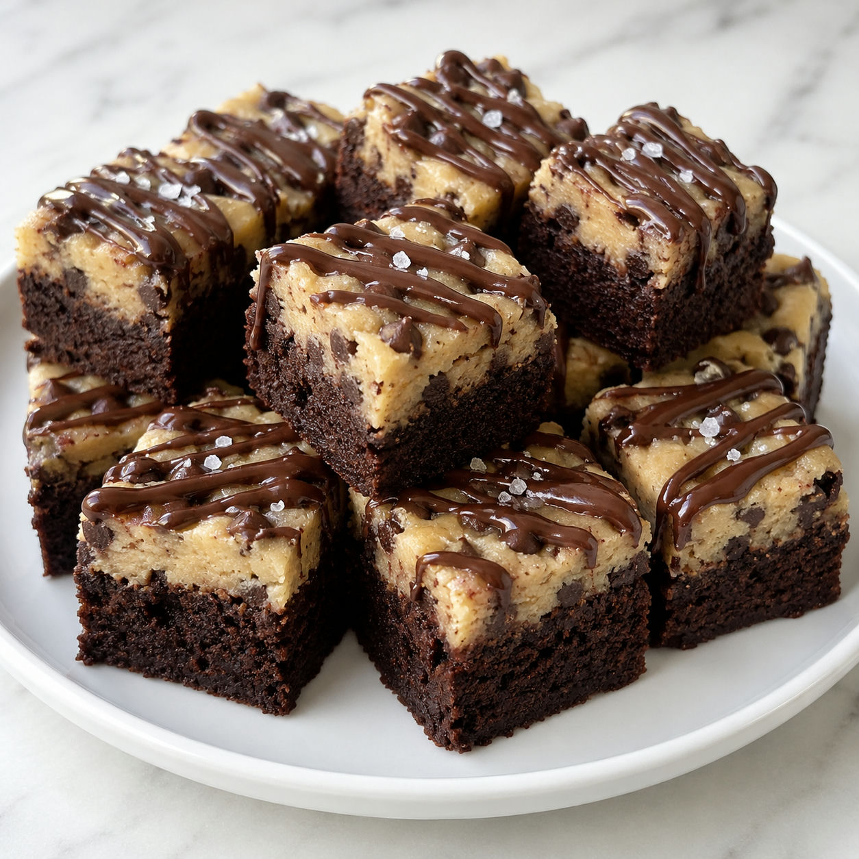 Chocolate chip cookie dough brownie bites with chocolate drizzle