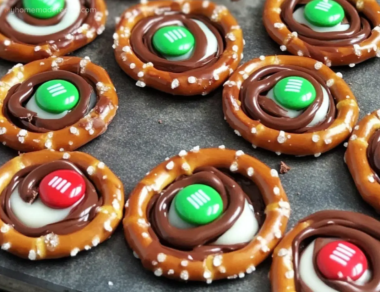 Easy Chocolate Pretzel Rings with Hershey's Hugs and M&Ms