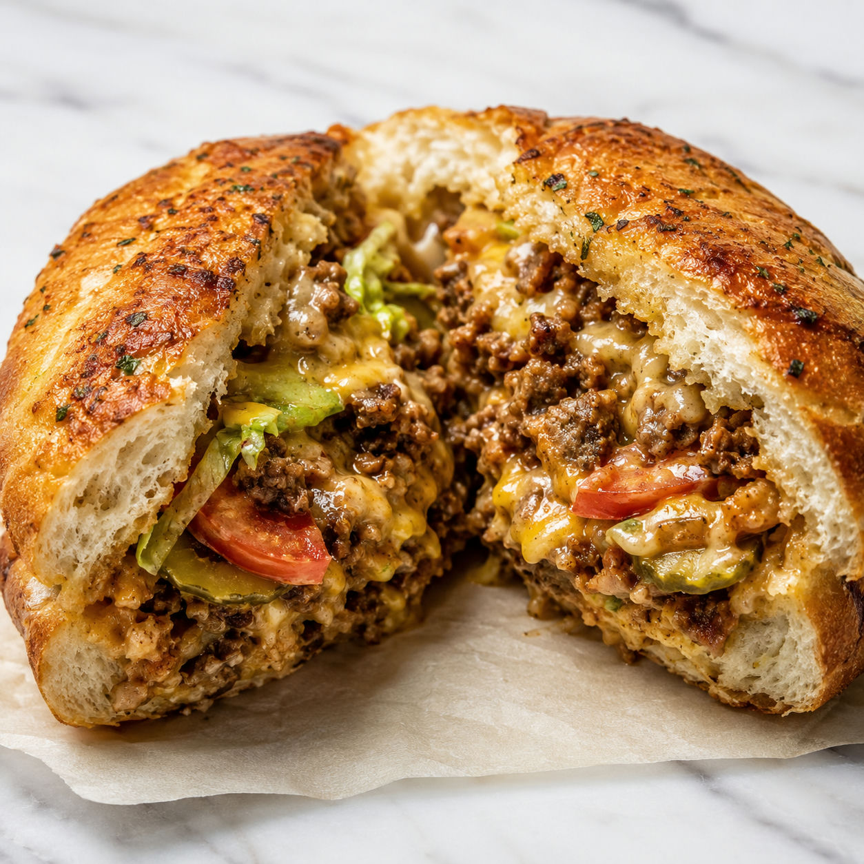 Chopped cheese garlic bread with beef, melted cheese, lettuce, and tomato