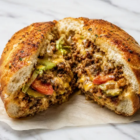 Chopped cheese garlic bread with beef, melted cheese, lettuce, and tomato