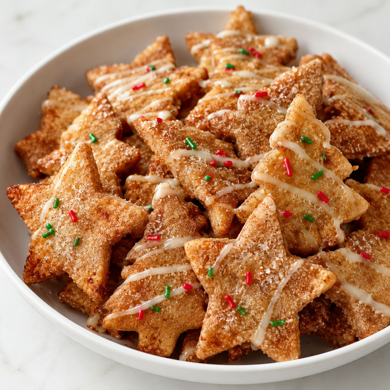 Christmas Eve cinnamon crisps with vanilla drizzle and sprinkles