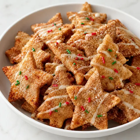Christmas Eve cinnamon crisps with vanilla drizzle and sprinkles