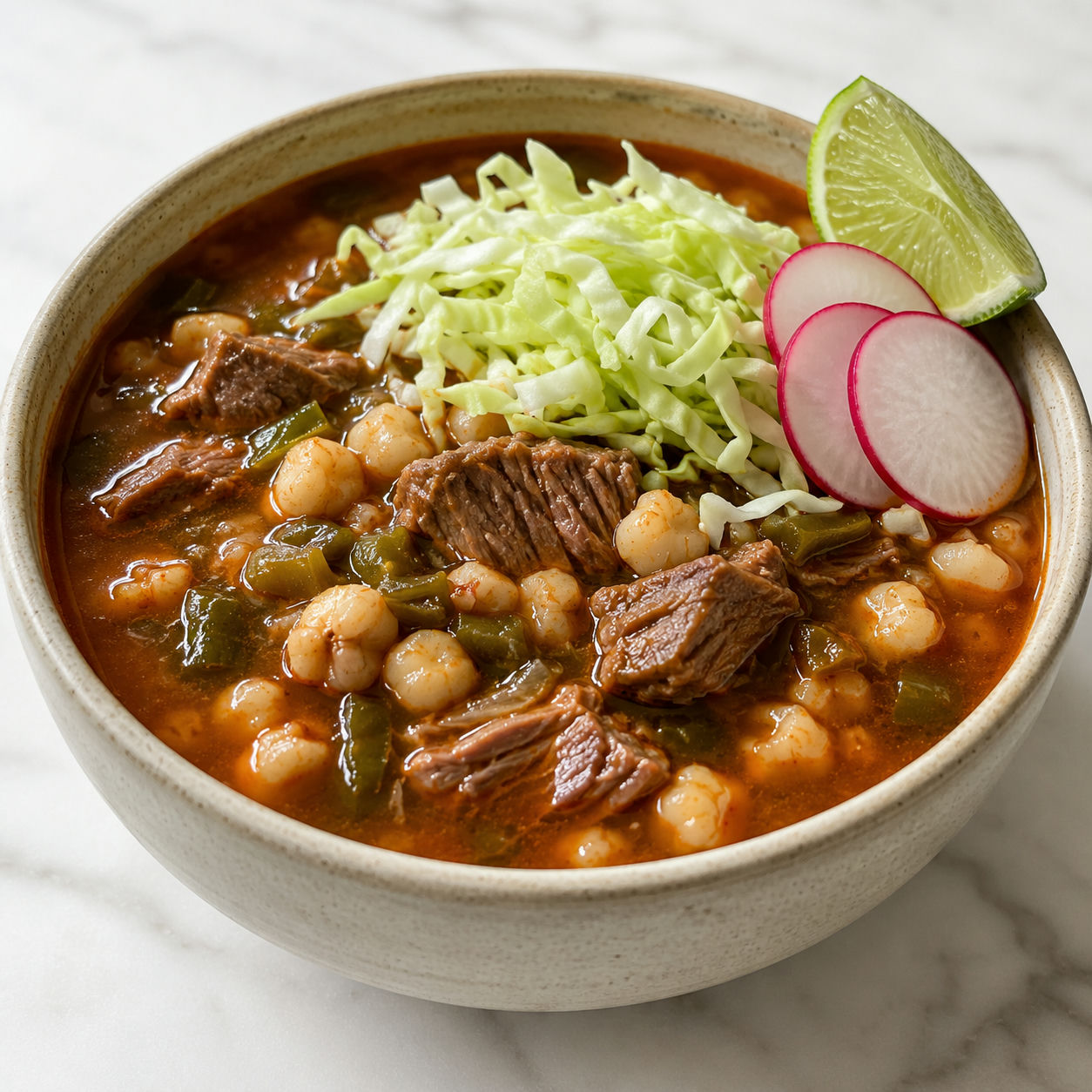 Bowl of Christmas-style steak pozole with red broth, hominy, cabbage, and lime