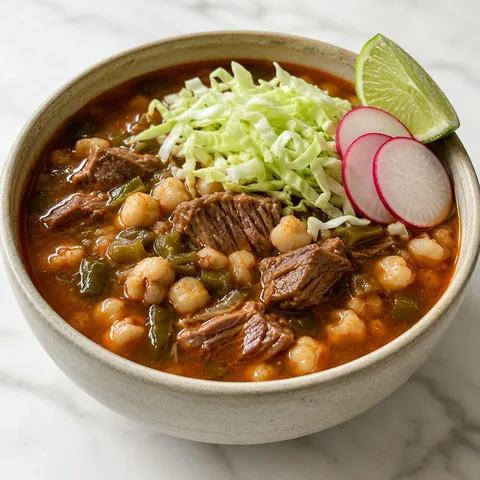 Bowl of Christmas-style steak pozole with red broth, hominy, cabbage, and lime