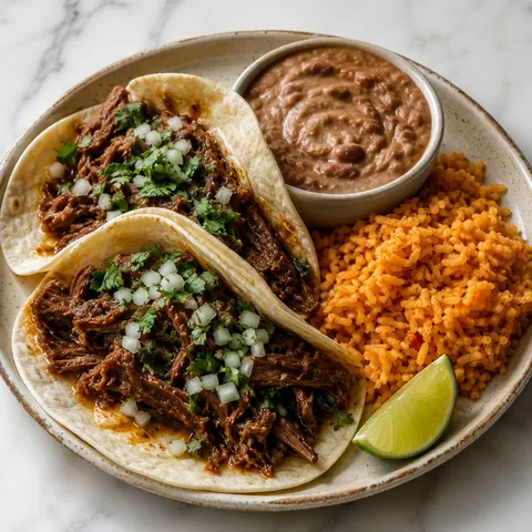 Chuck roast tacos with refried beans and Mexican rice on a ceramic plate