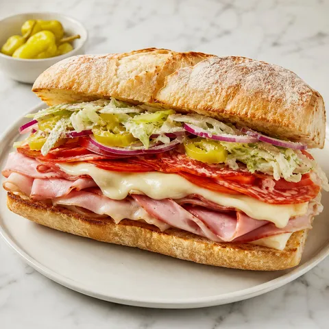 Ciabatta grinder salad sandwich with melted cheese, deli meats, and lettuce