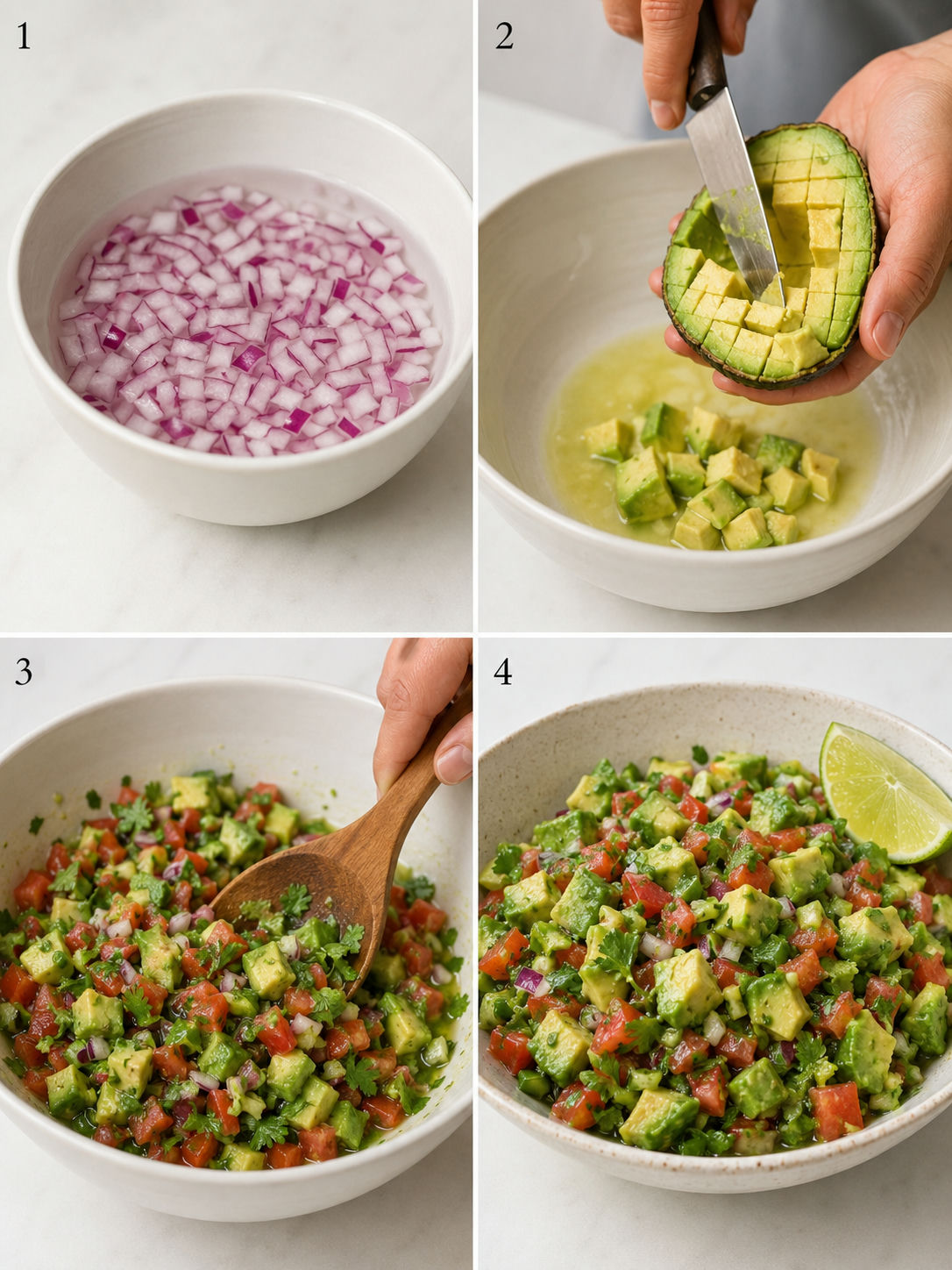 Four steps to make cilantro lime avocado salsa from rinsing onion to serving