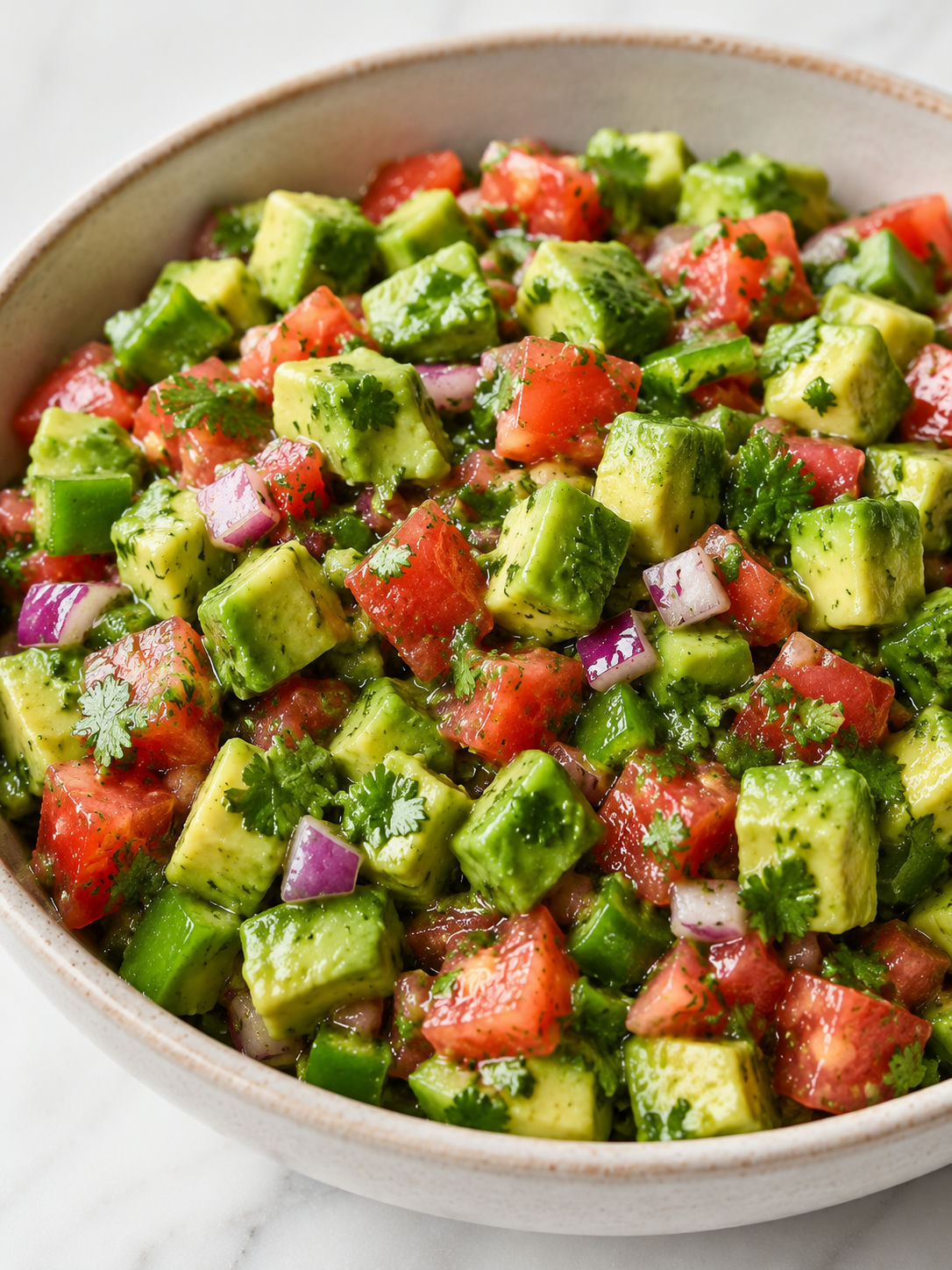 Bowl of chunky cilantro lime avocado salsa with tortilla chips at the edge