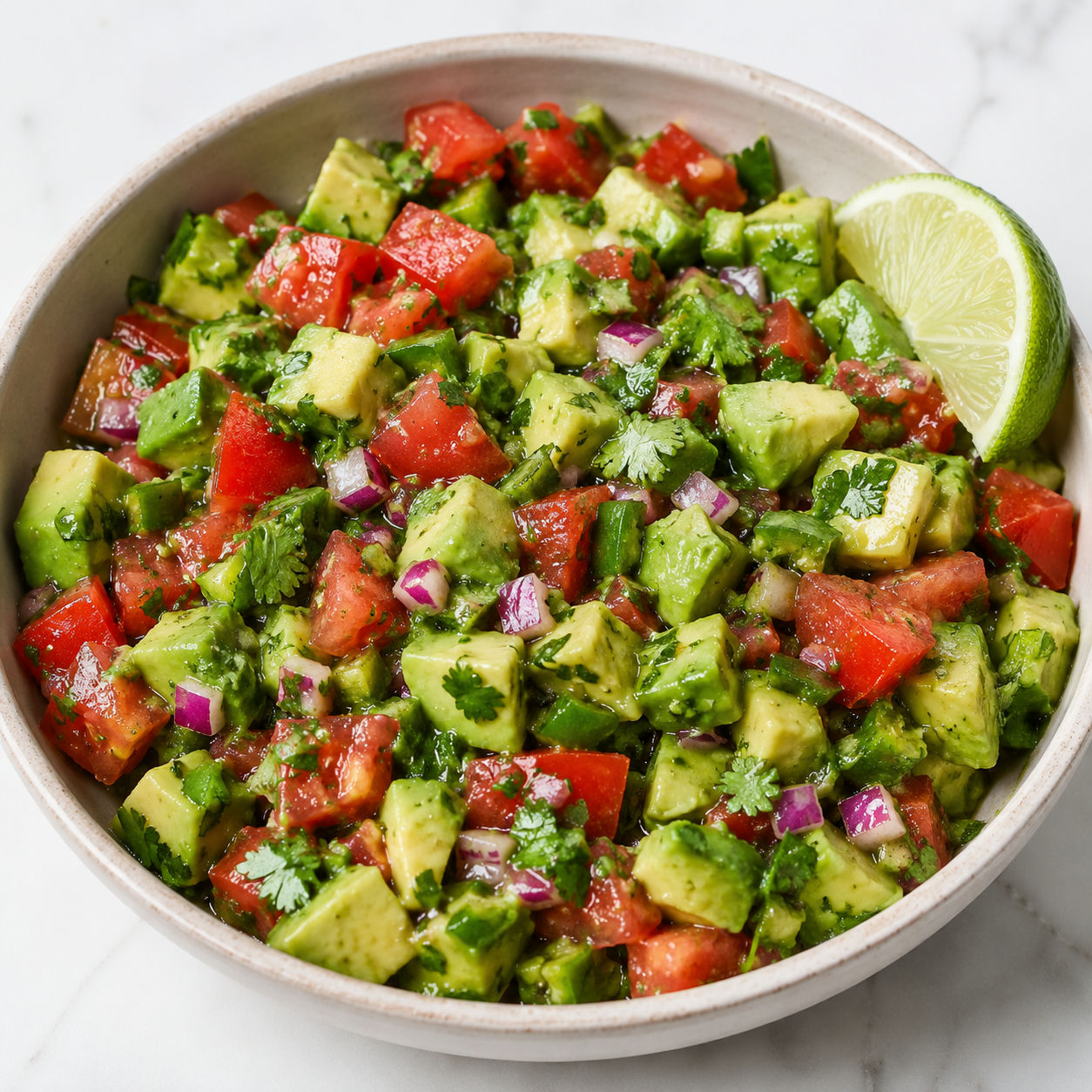 Chunky cilantro lime avocado salsa with tomato and cilantro in a ceramic bowl