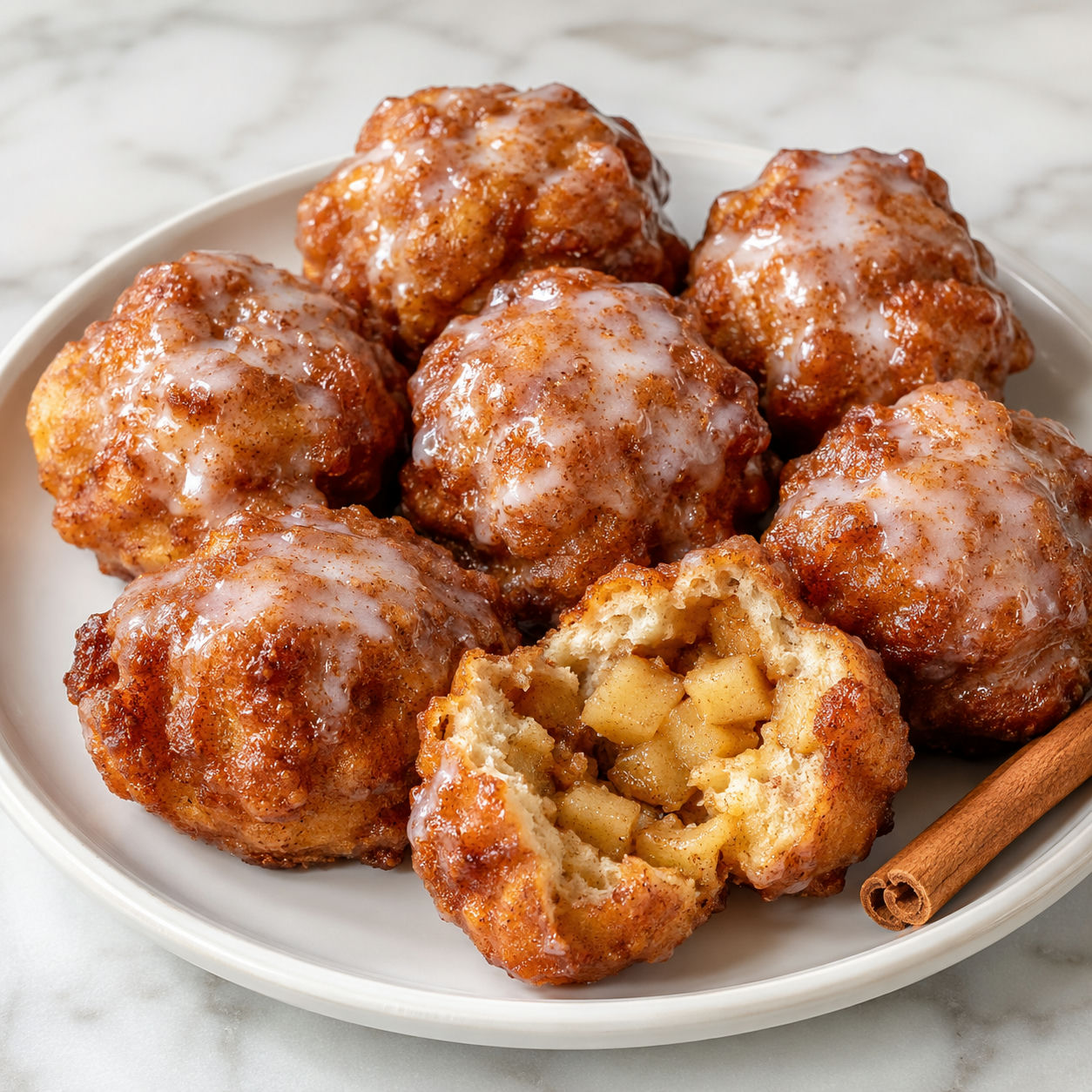 Cinnamon glazed apple fritter bites on a white plate with one broken open showing the apple-studded interior
