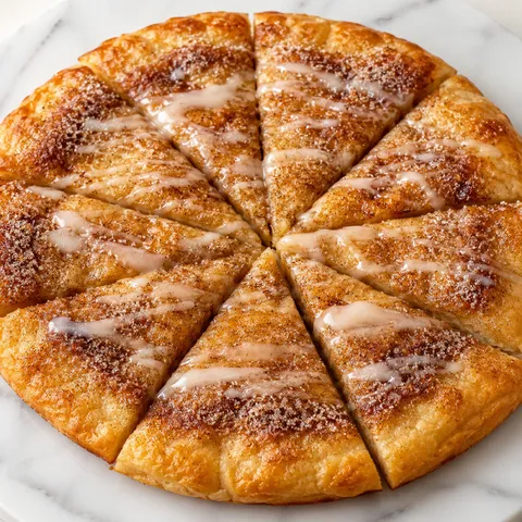 Cinnamon-sugar crescent roll pizza with vanilla glaze on a wooden board
