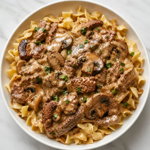 Classic Beef Stroganoff with mushrooms over egg noodles