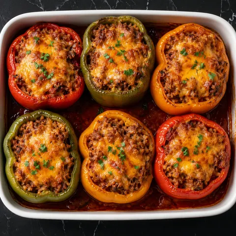 Cheesy ground beef stuffed bell peppers with tomato sauce and parsley