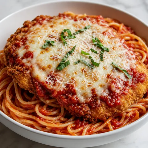 Chicken parmesan over spaghetti with melted mozzarella and basil