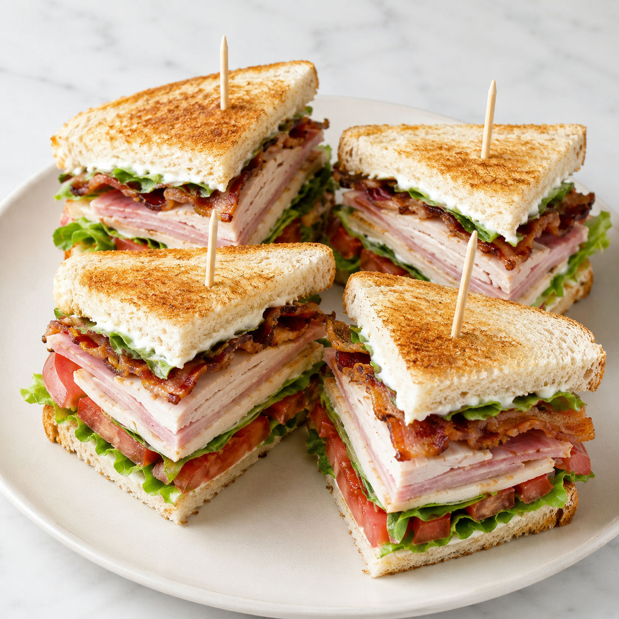 Classic club sandwich quarters with bacon, turkey, lettuce, and tomato