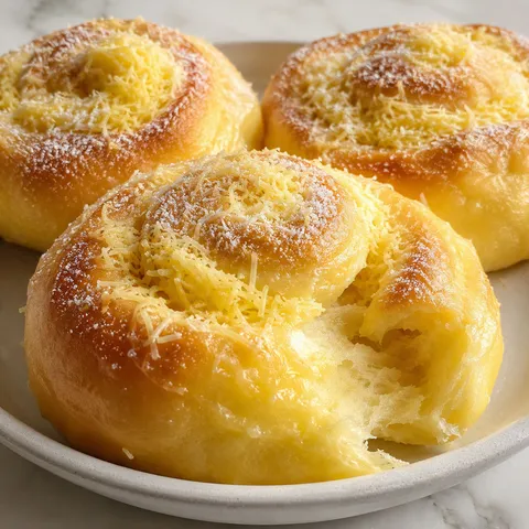 Golden Filipino ensaymada rolls topped with butter, sugar, and grated cheese on a linen surface