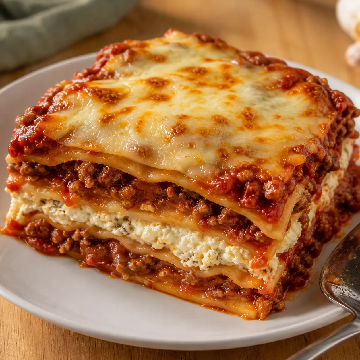 Slice of 5-ingredient lasagna with beef sauce and melted mozzarella