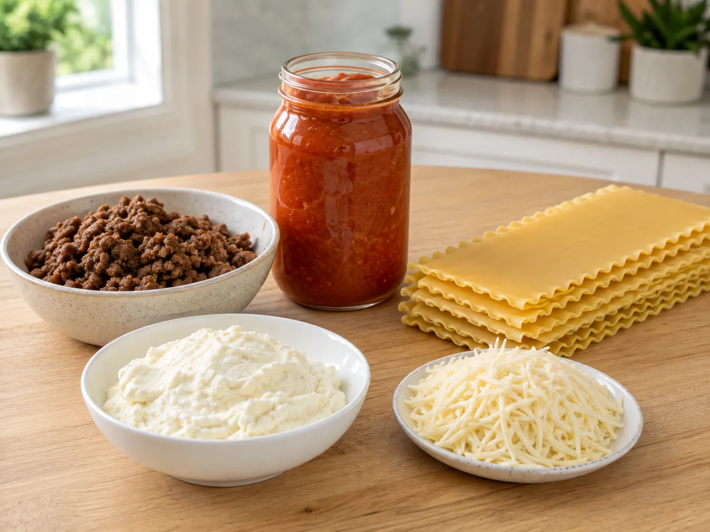 Five ingredients for lasagna with beef, marinara, noodles, ricotta, and mozzarella