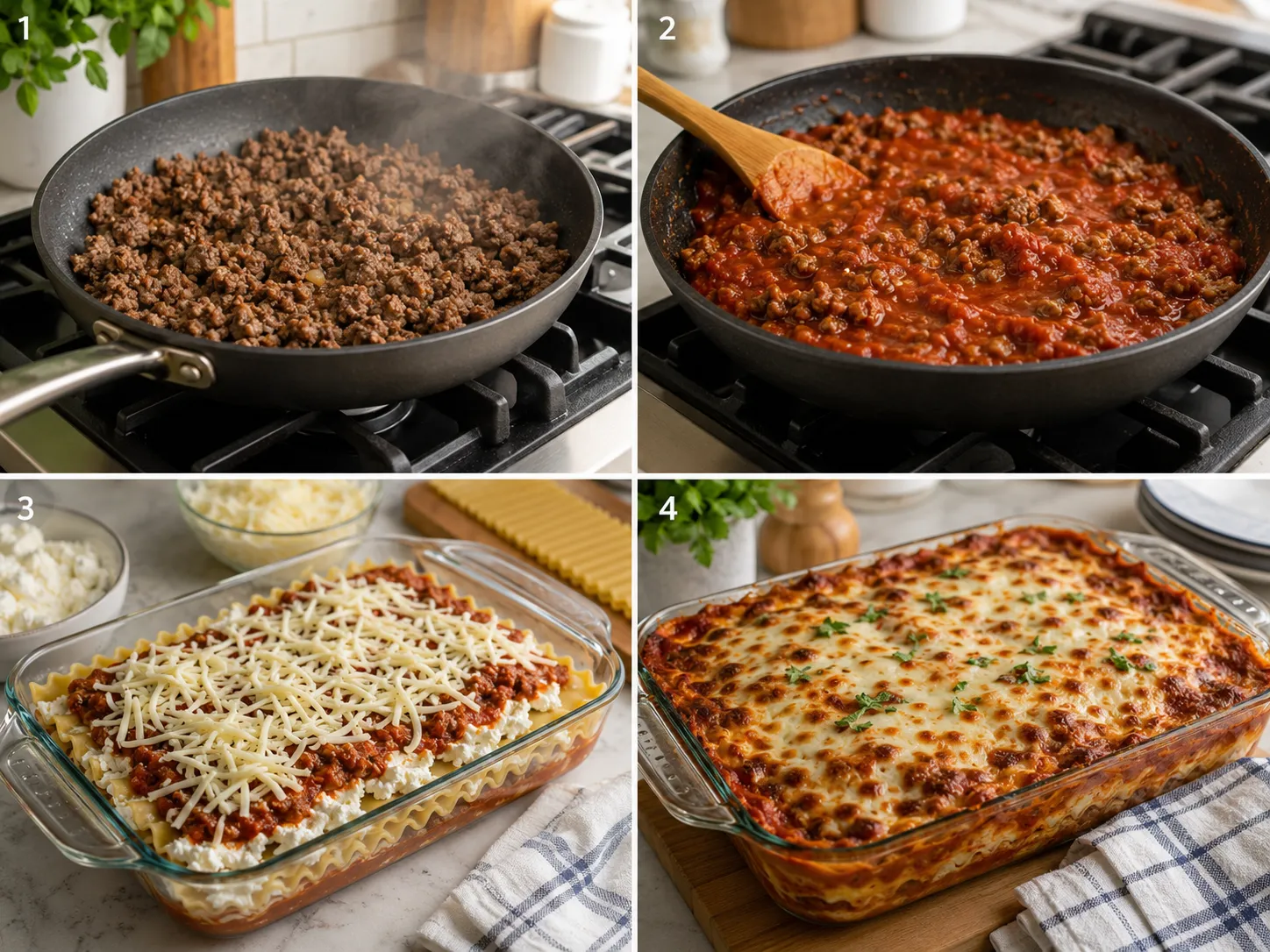 Four cooking steps for 5-ingredient lasagna from beef sauce to baked pan