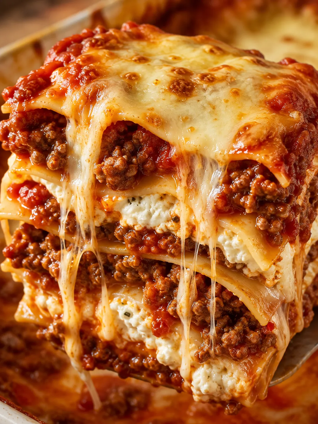 Tall slice of 5-ingredient lasagna with stretchy mozzarella and beef marinara