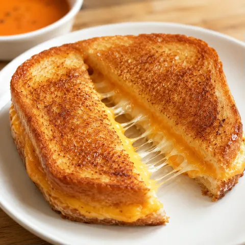 Classic grilled cheese sandwich with melted cheese on a white plate
