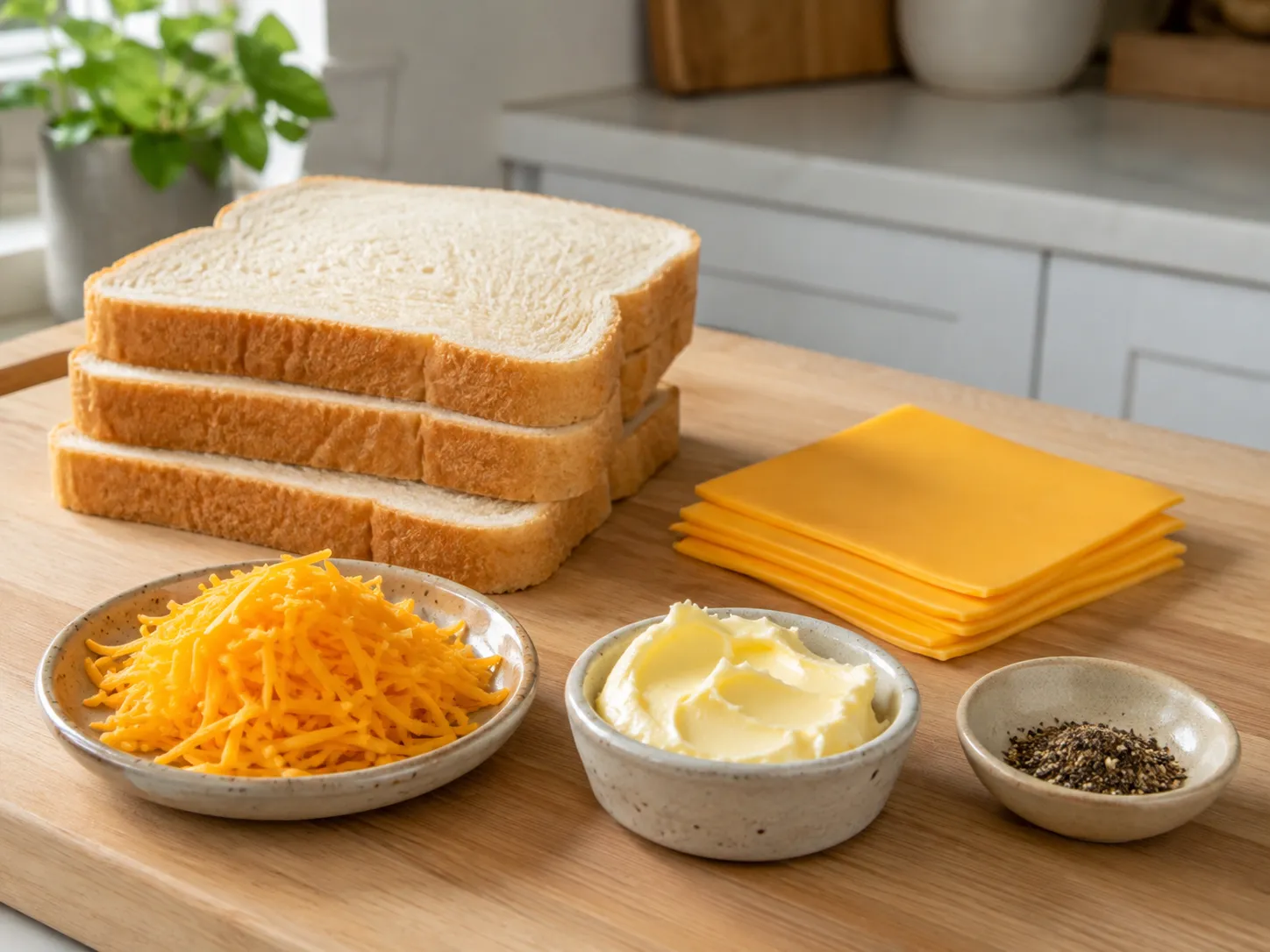 Bread, cheese, butter, and pepper for a classic grilled cheese sandwich