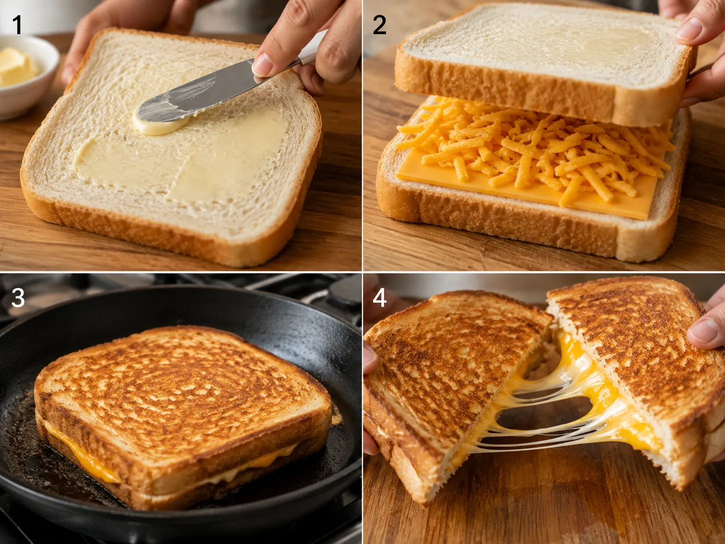 Four steps for making a classic grilled cheese sandwich in a skillet