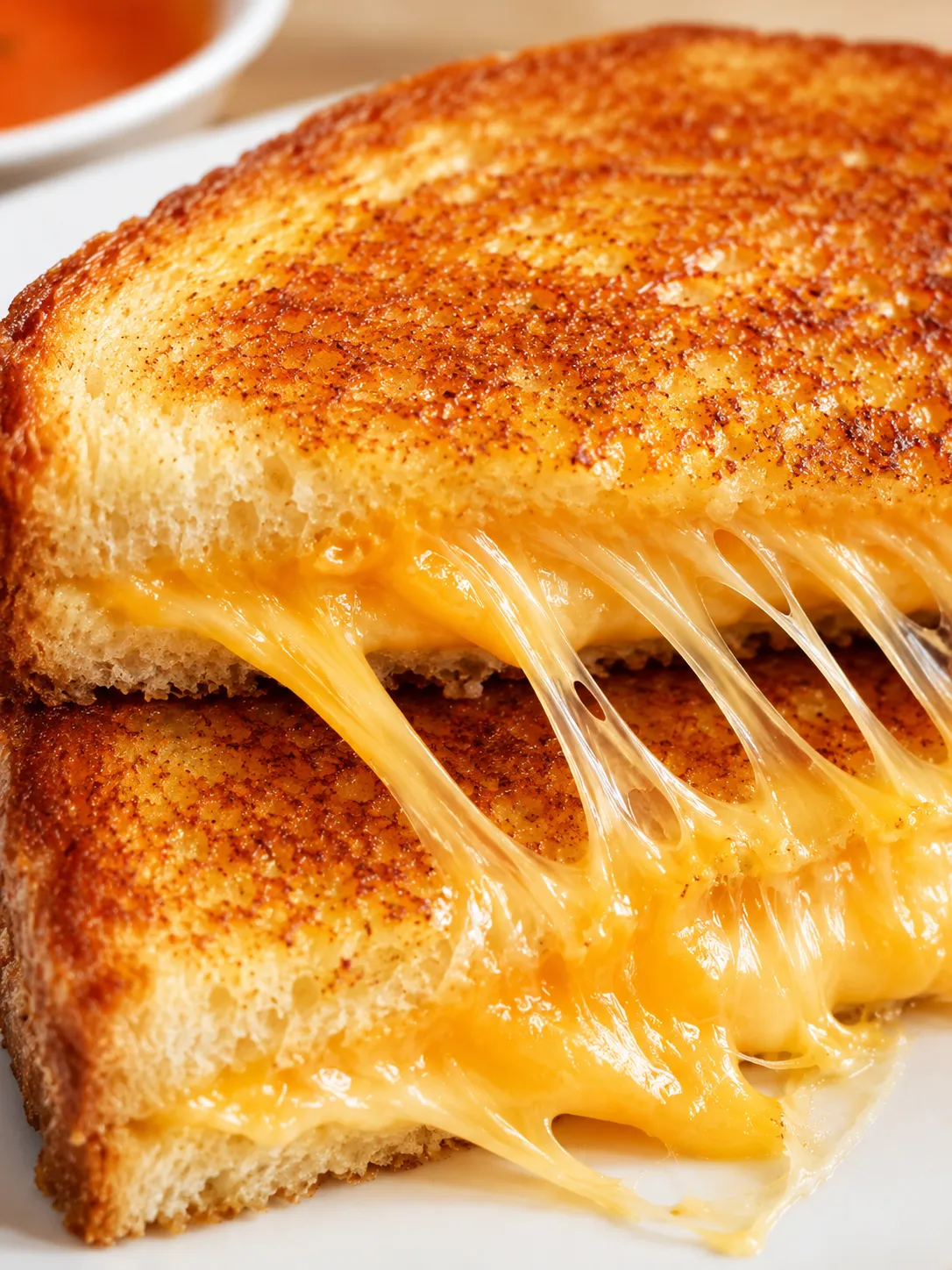 Classic grilled cheese sandwich halves with melted cheese stretching